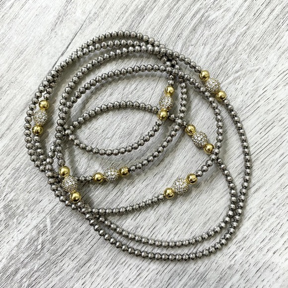 Opera style long necklace silver and gold with small clear stones - Picture 6 of 6